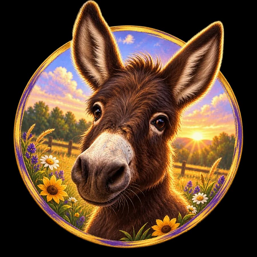 Warm illustrated portrait of HeeHaw, a young miniature donkey